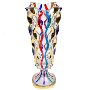 Murano Style Crystal Gold and Multi Color Pedestal Vase