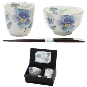 Japanese Floral Tea & Rice Bowl Set - Pansy
